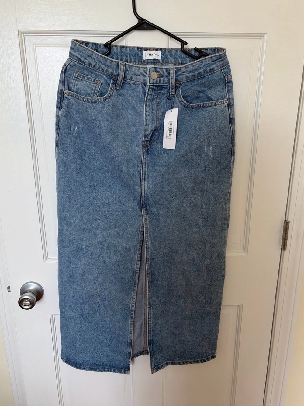 Women's Blue Denim Midi Skirt with Front Slit